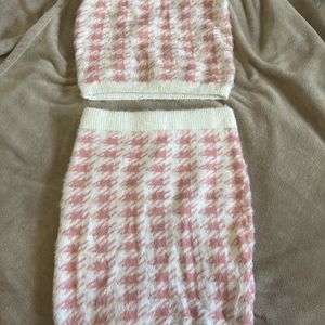 Houndstooth wool baby pink and white fashion nova skirt and crop set